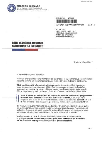 30 ans Médecins du Monde — lettre (recto)